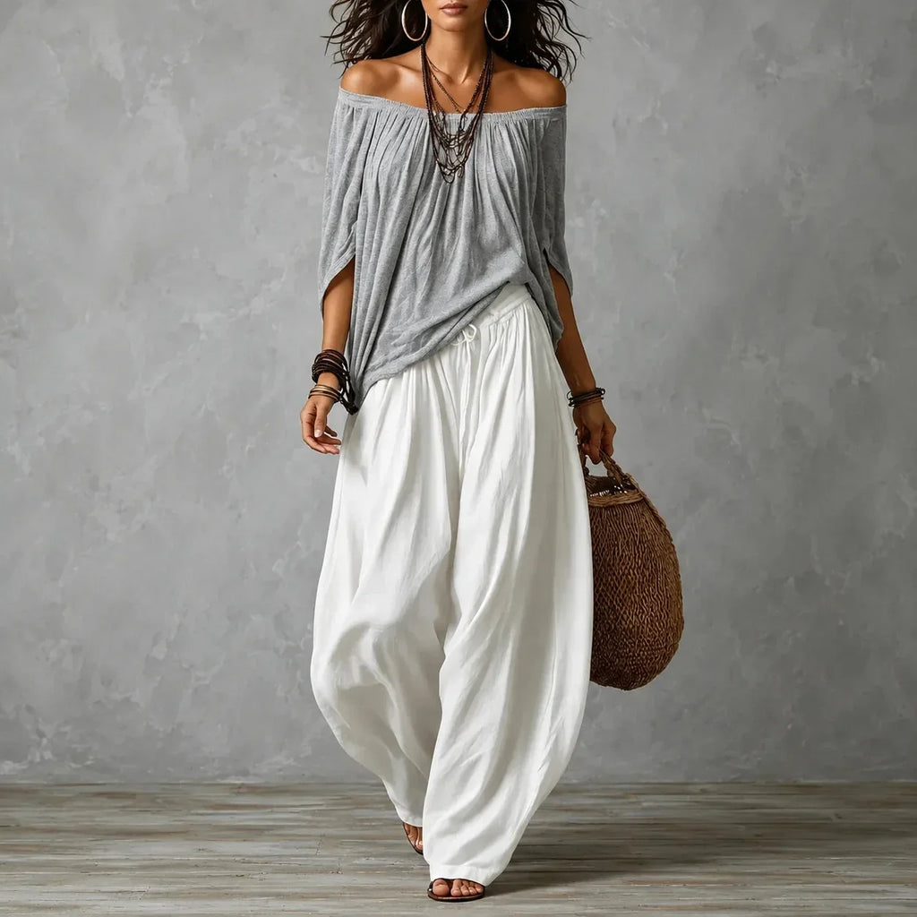 Women's Wide Leg Pants & Off-Shoulder Top Set