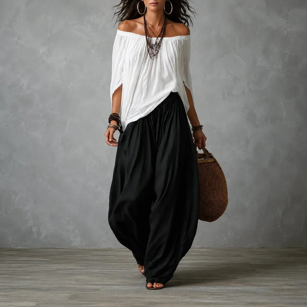 Women's Wide Leg Pants & Off-Shoulder Top Set