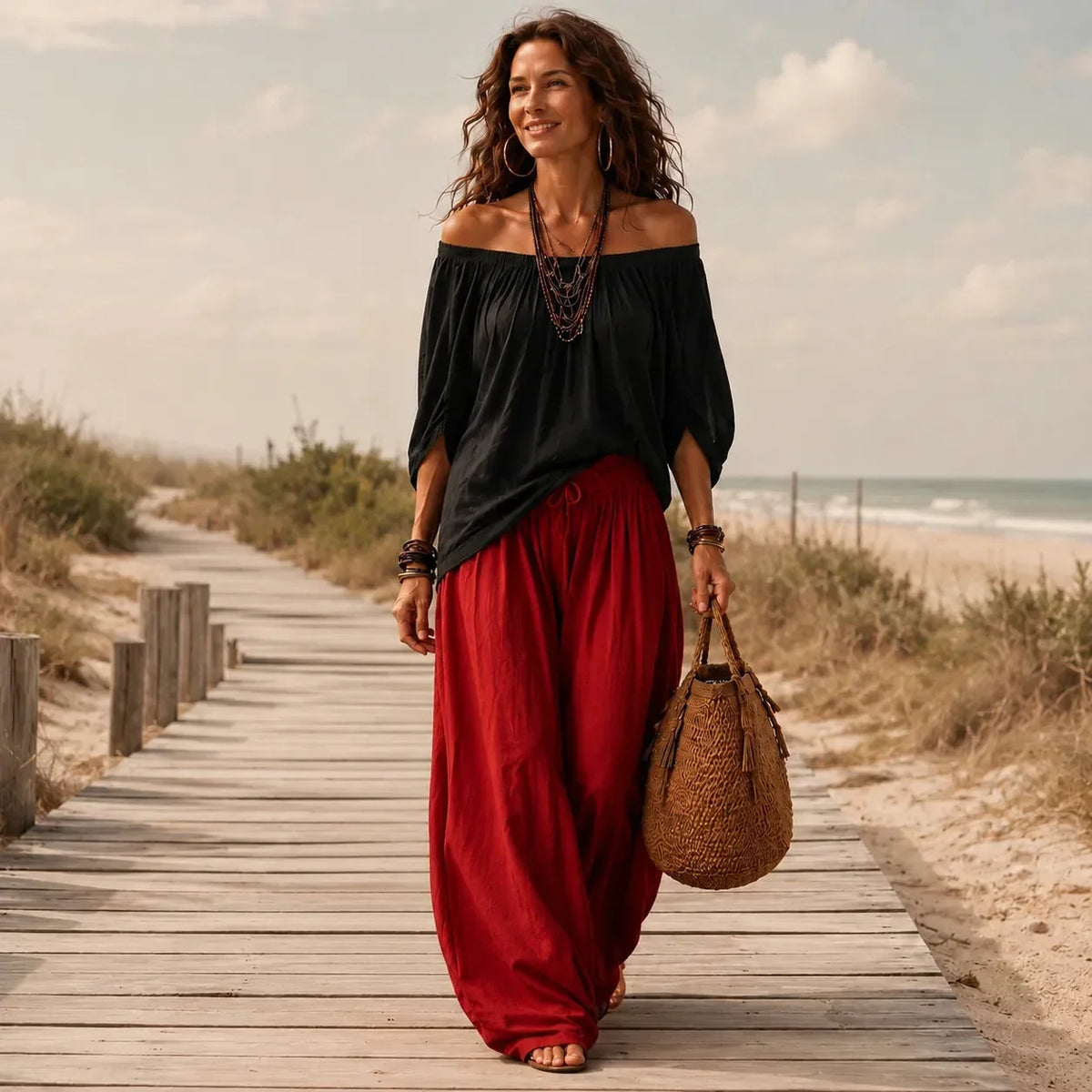 Women's Wide Leg Pants & Off-Shoulder Top Set