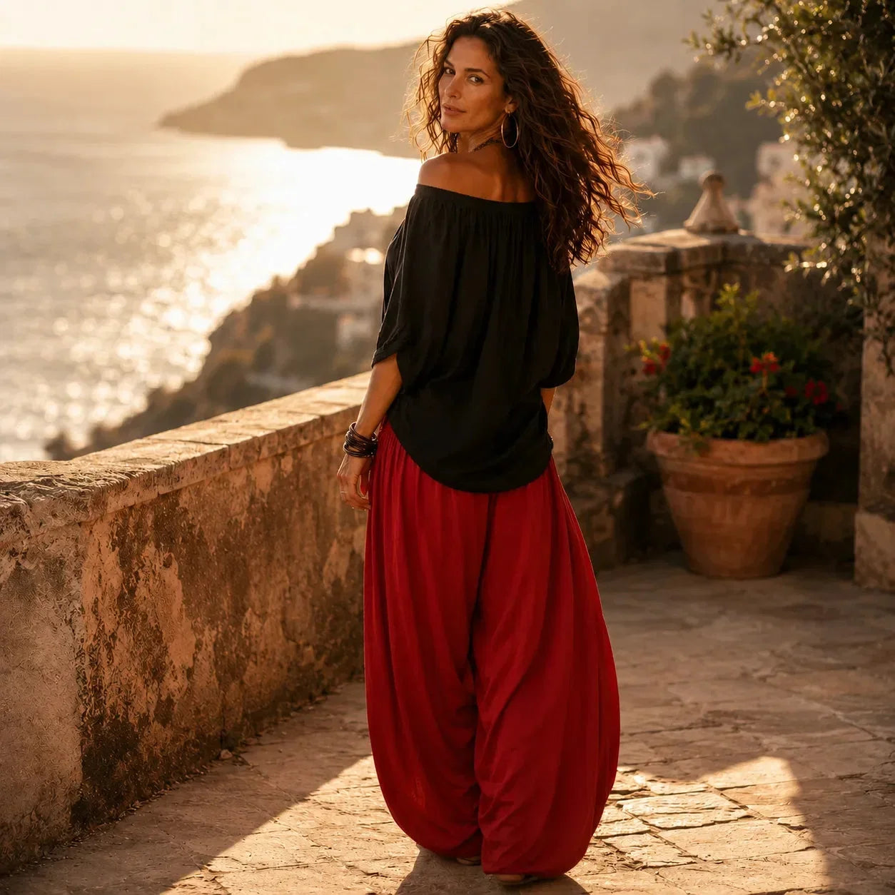 Women's Wide Leg Pants & Off-Shoulder Top Set