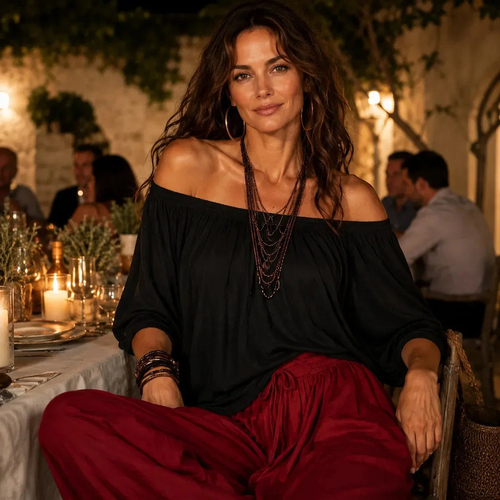 Women's Wide Leg Pants & Off-Shoulder Top Set