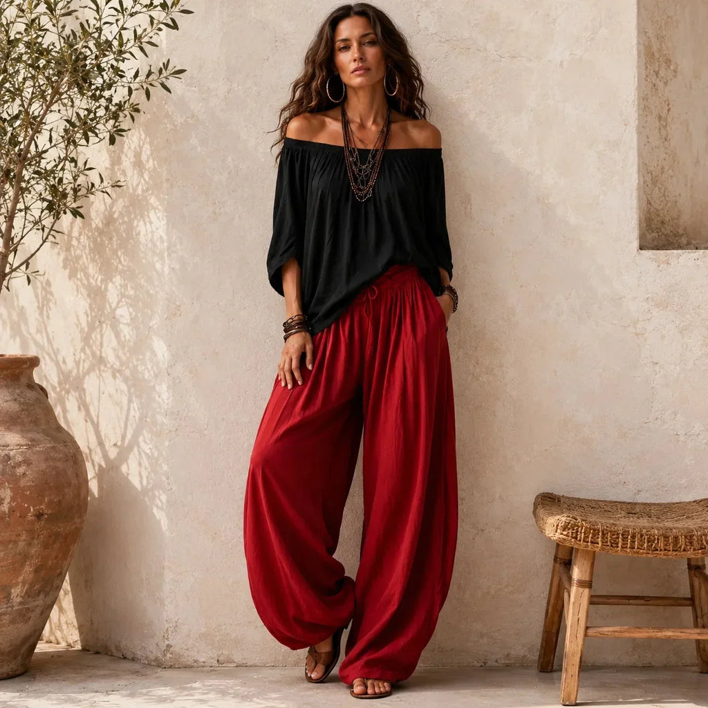 Women's Wide Leg Pants & Off-Shoulder Top Set