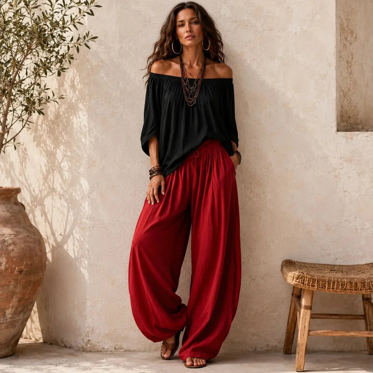 Women's Wide Leg Pants & Off-Shoulder Top Set