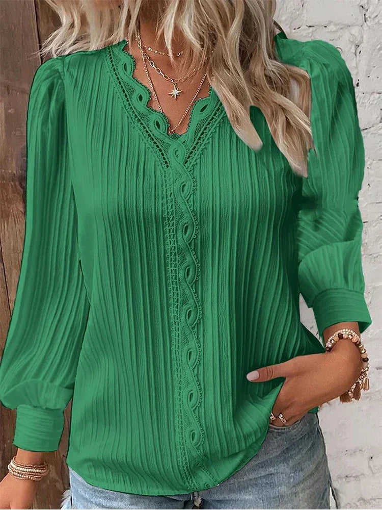 Women's V Neck Ribbed Long Sleeve Blouse