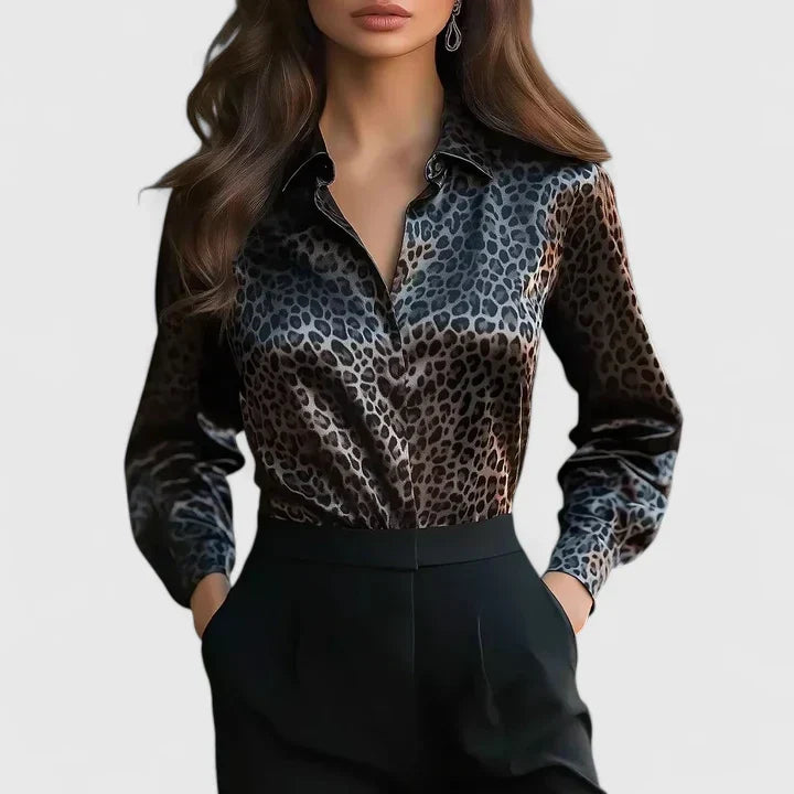 Women's Leopard Print Collared Long Sleeve Blouse - Pink