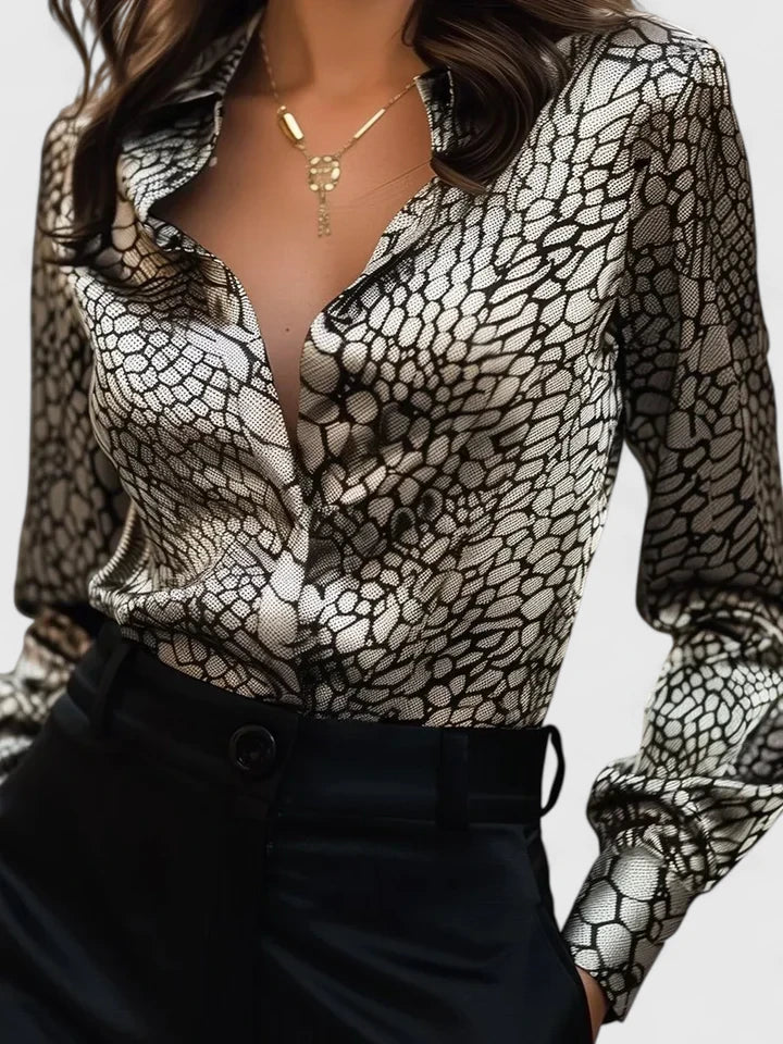 Women's Leopard Print Collared Long Sleeve Blouse