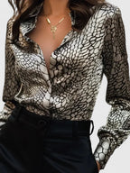 Women's Leopard Print Collared Long Sleeve Blouse