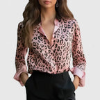 Women's Leopard Print Collared Long Sleeve Blouse