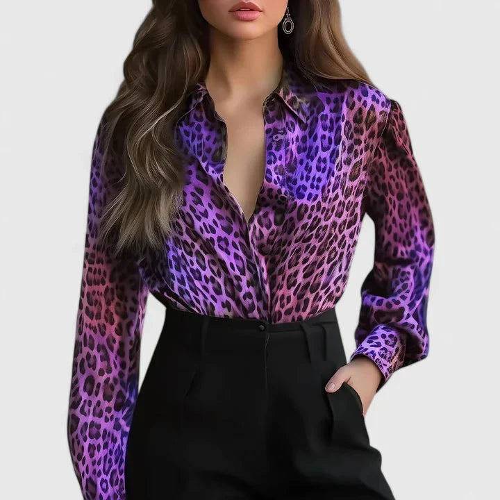 Women's Leopard Print Collared Long Sleeve Blouse