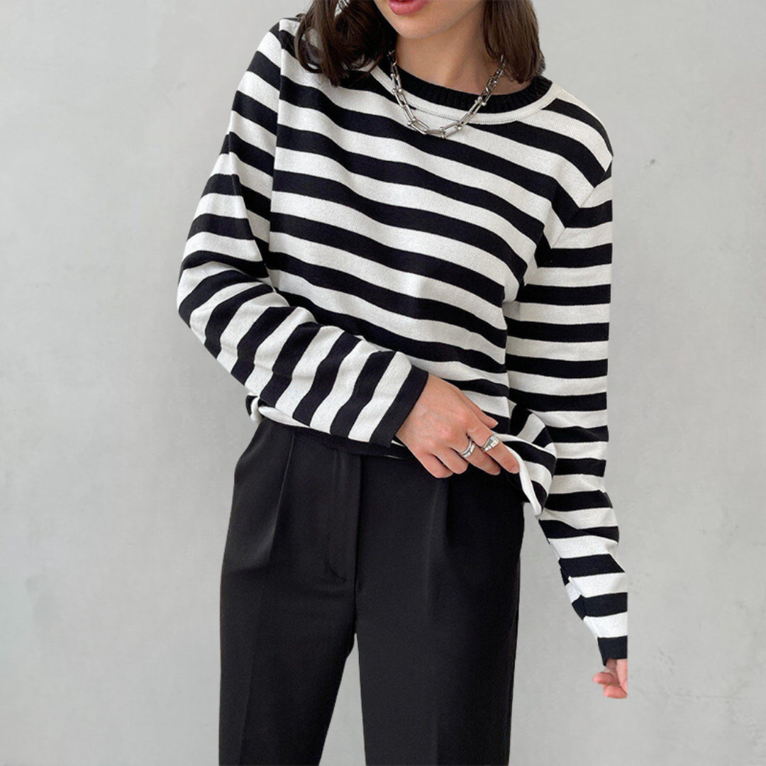 Women's Striped Knit Sweater Long Sleeve Crew Neck Pullover