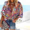 Women's Oversized Paisley Print Blouse with 3/4 Sleeves - Purple