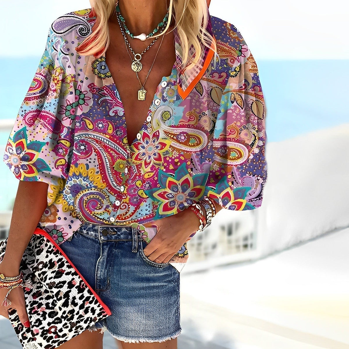 Women's Oversized Paisley Print Blouse with 3/4 Sleeves - Purple