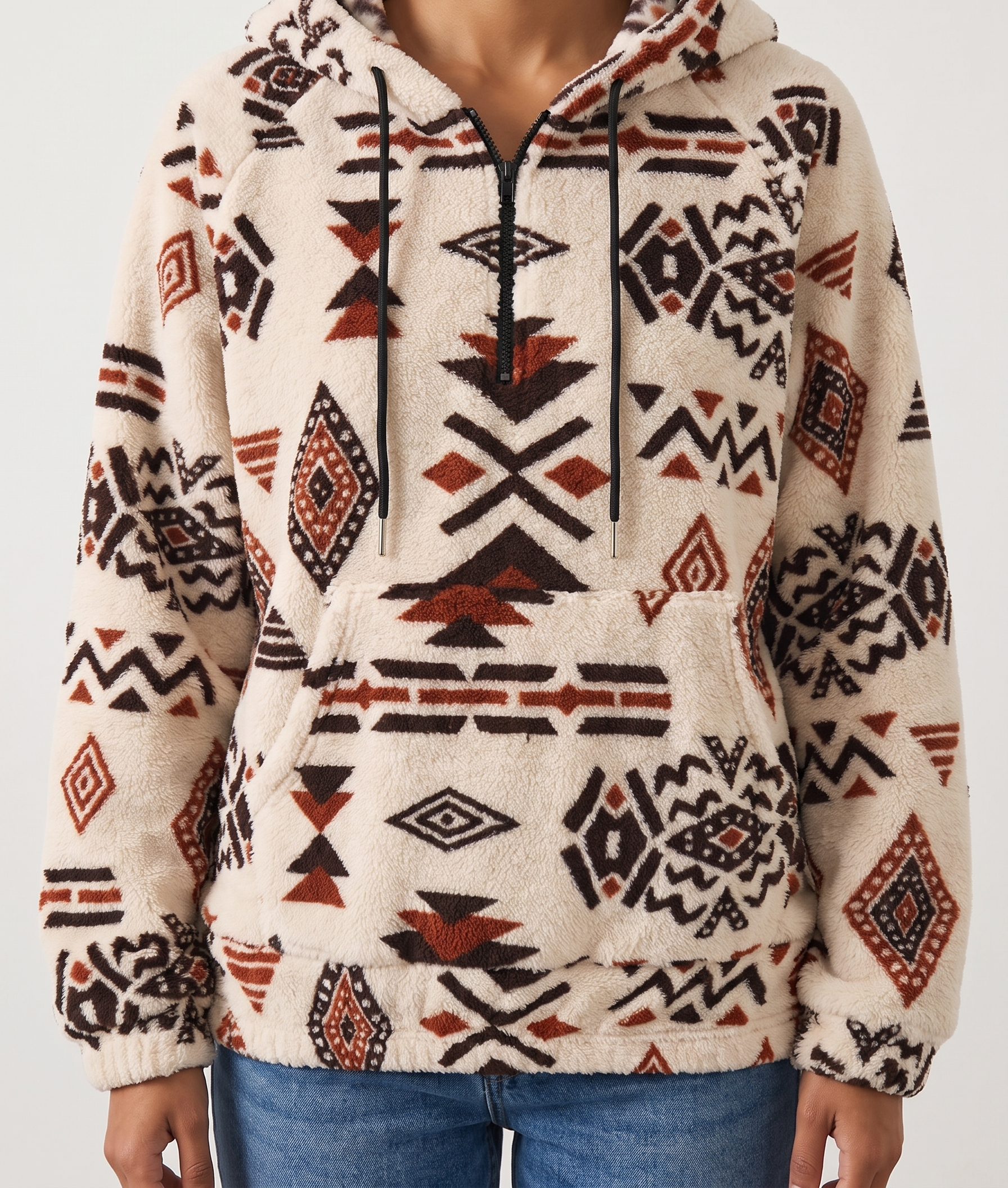 Aztec Plush Hoodie - Cream Aztec
