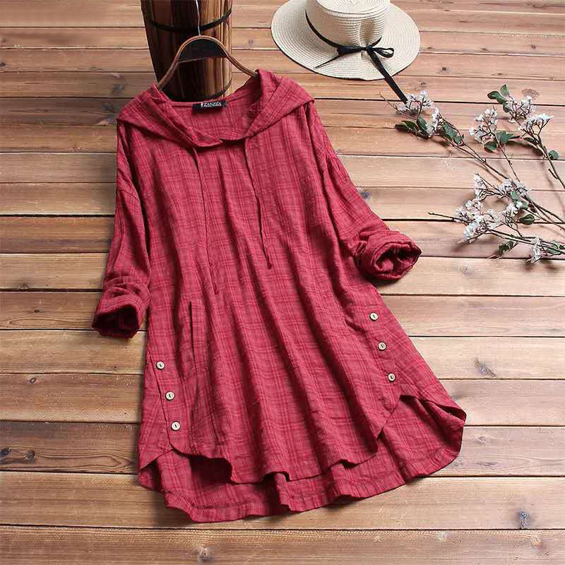 Women's Hooded Tunic Top Long Sleeve Button Hem Shirt