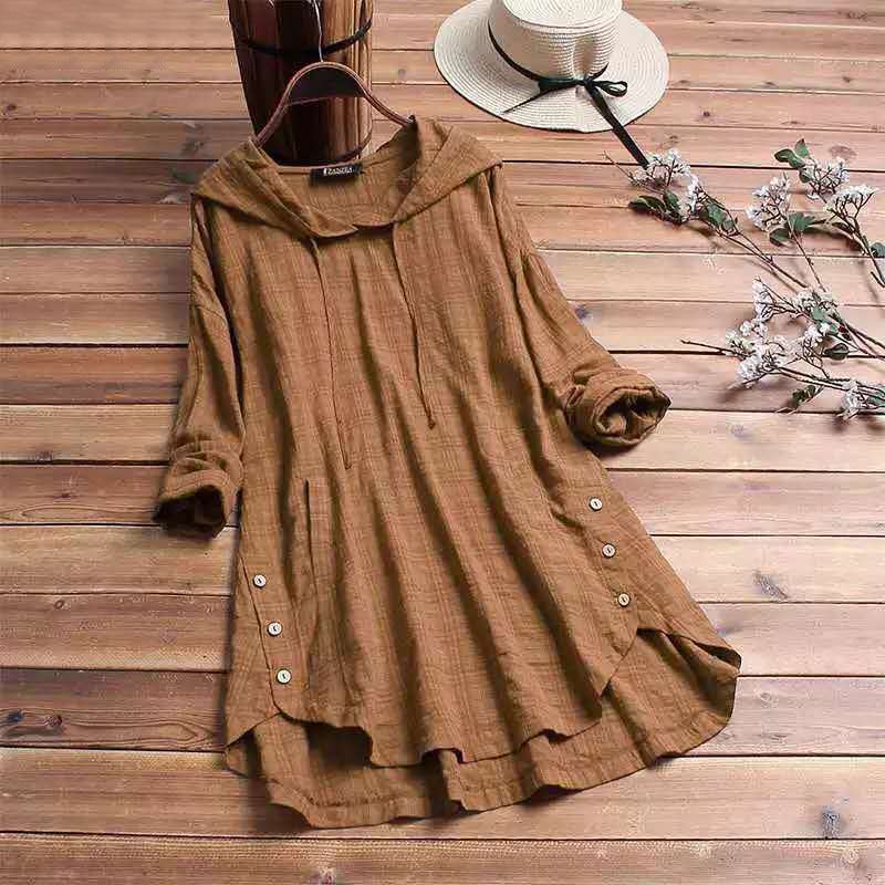 Women's Hooded Tunic Top Long Sleeve Button Hem Shirt