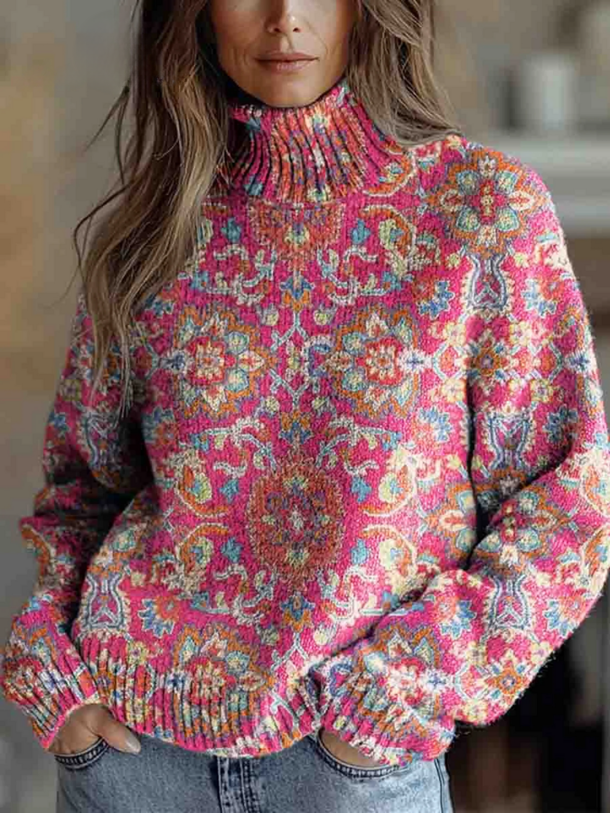 Women's Floral Print Turtleneck Sweater - Pink