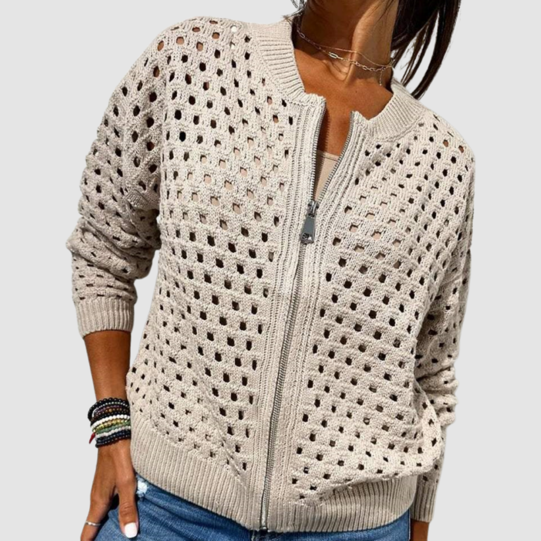 Women's Zip Front Open Knit Cardigan - Beige