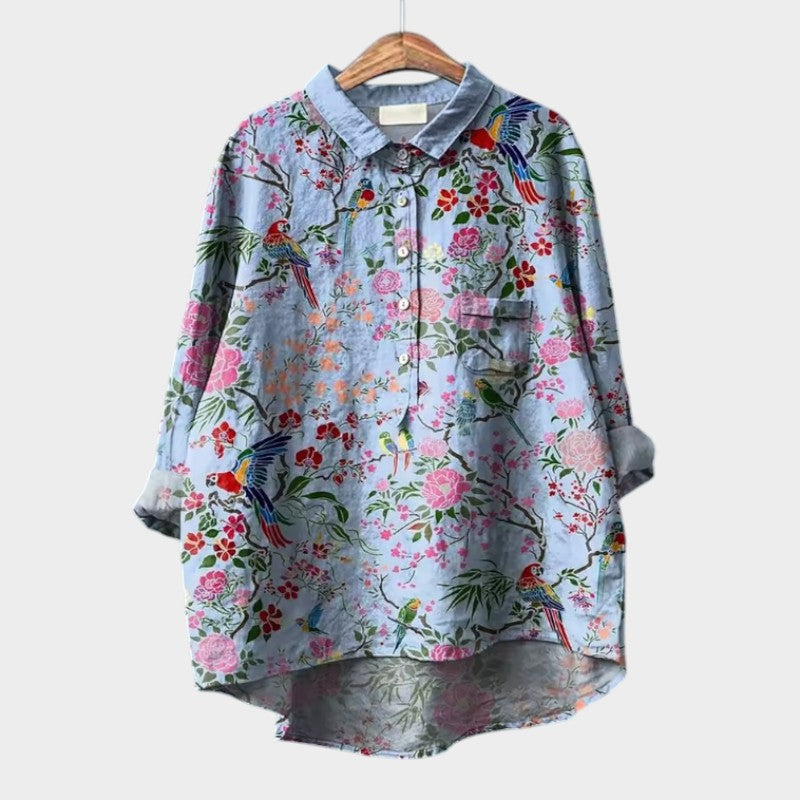 Women's Floral Bird Print Long Sleeve Blouse - Purple