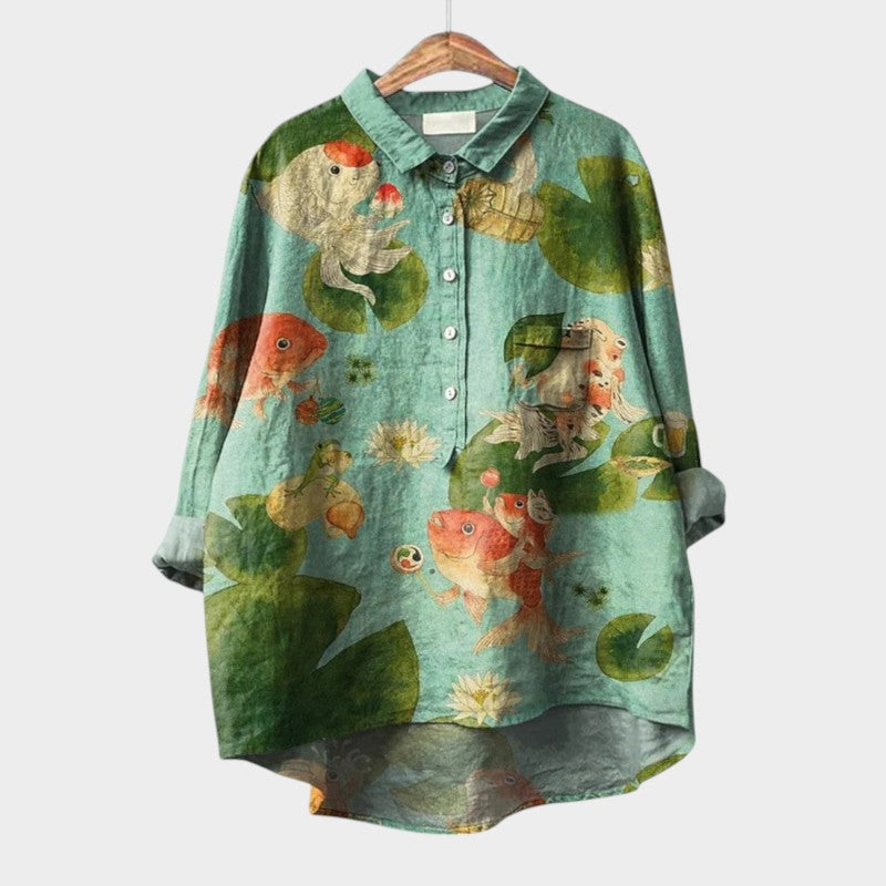 Women's Floral Bird Print Long Sleeve Blouse
