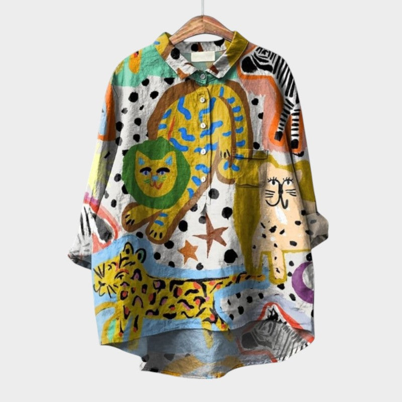 Women's Floral Bird Print Long Sleeve Blouse