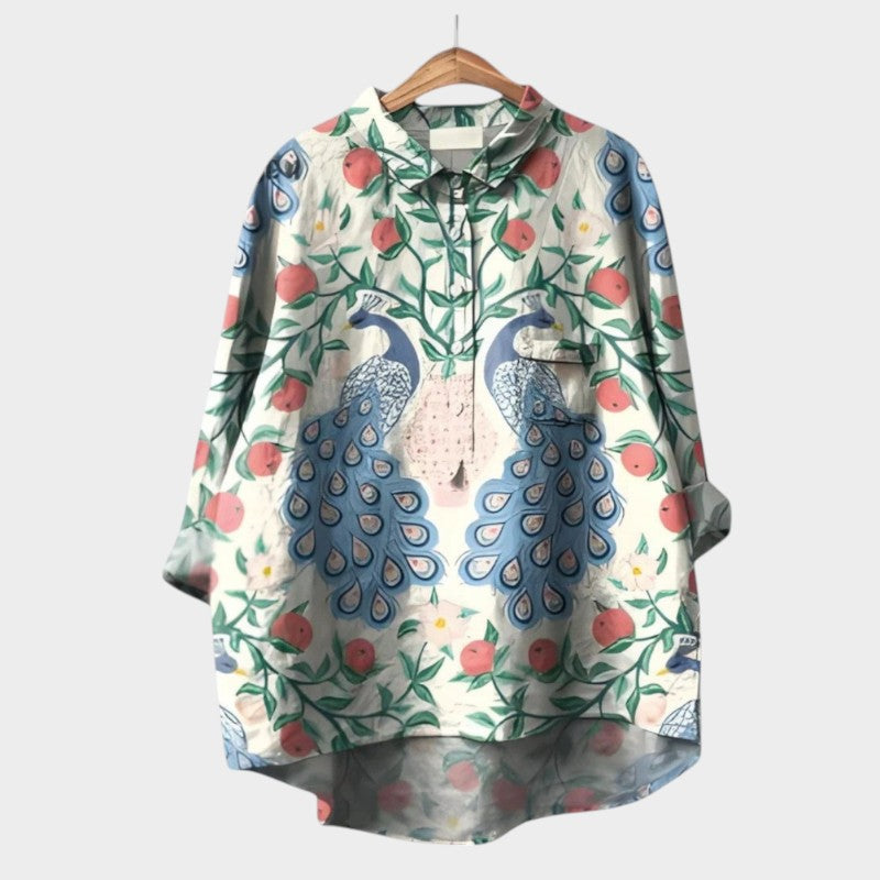 Women's Floral Bird Print Long Sleeve Blouse