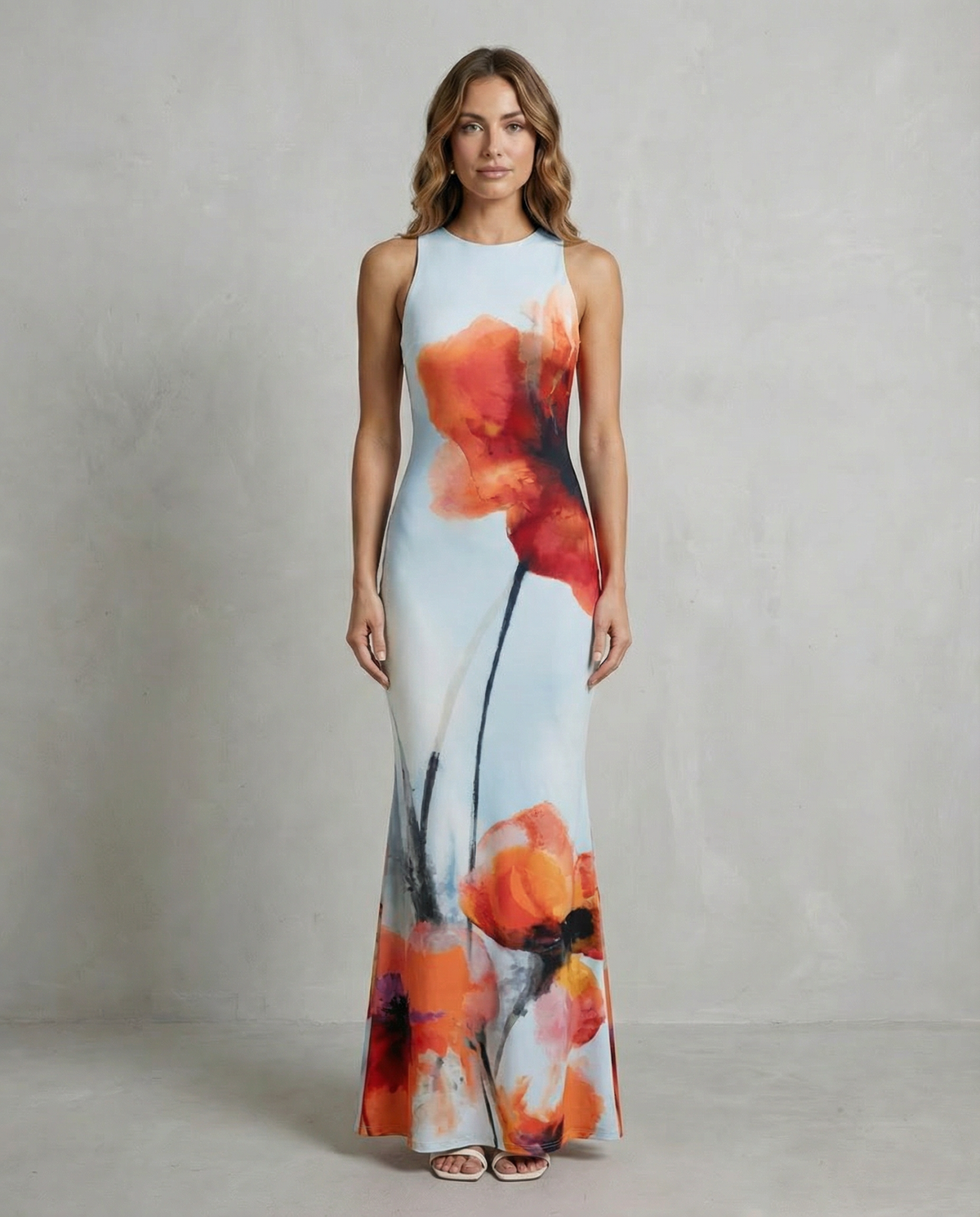 Artistic Floral Print Fishtail Maxi Dress