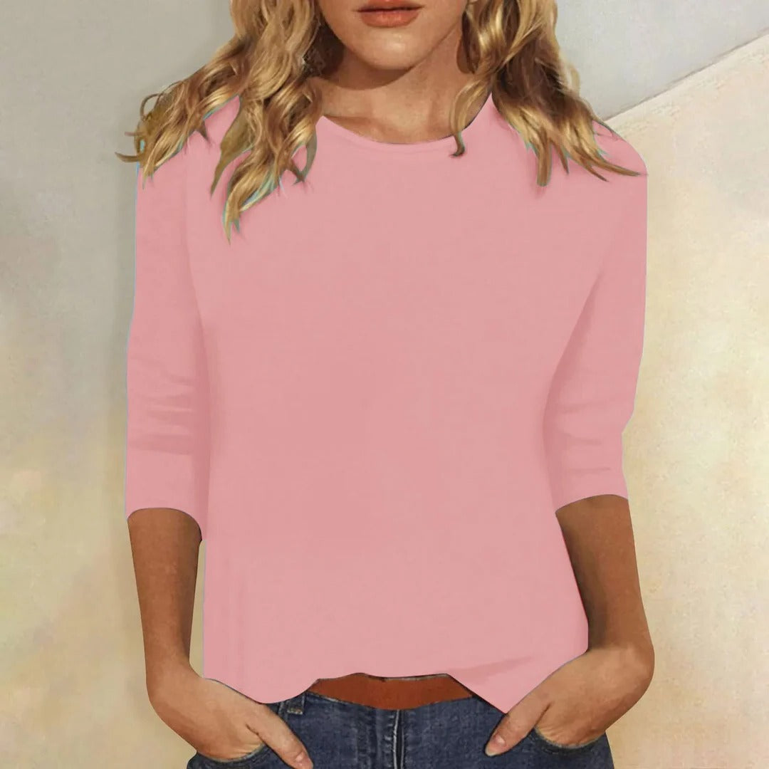 Women's Round Neck 3/4 Sleeve Casual Top Plain - Pink