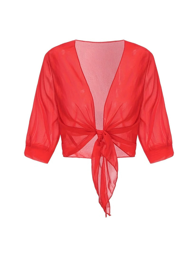 Women's Sheer Chiffon Tie Front Crop Cardigan Top