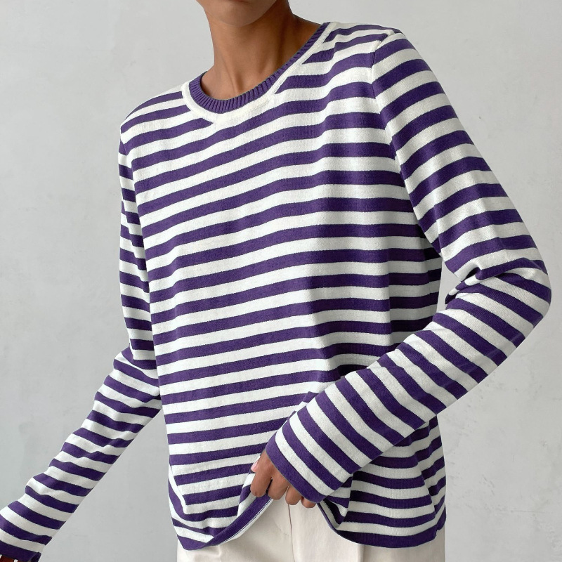 Women's Striped Knit Sweater Long Sleeve Crew Neck Pullover