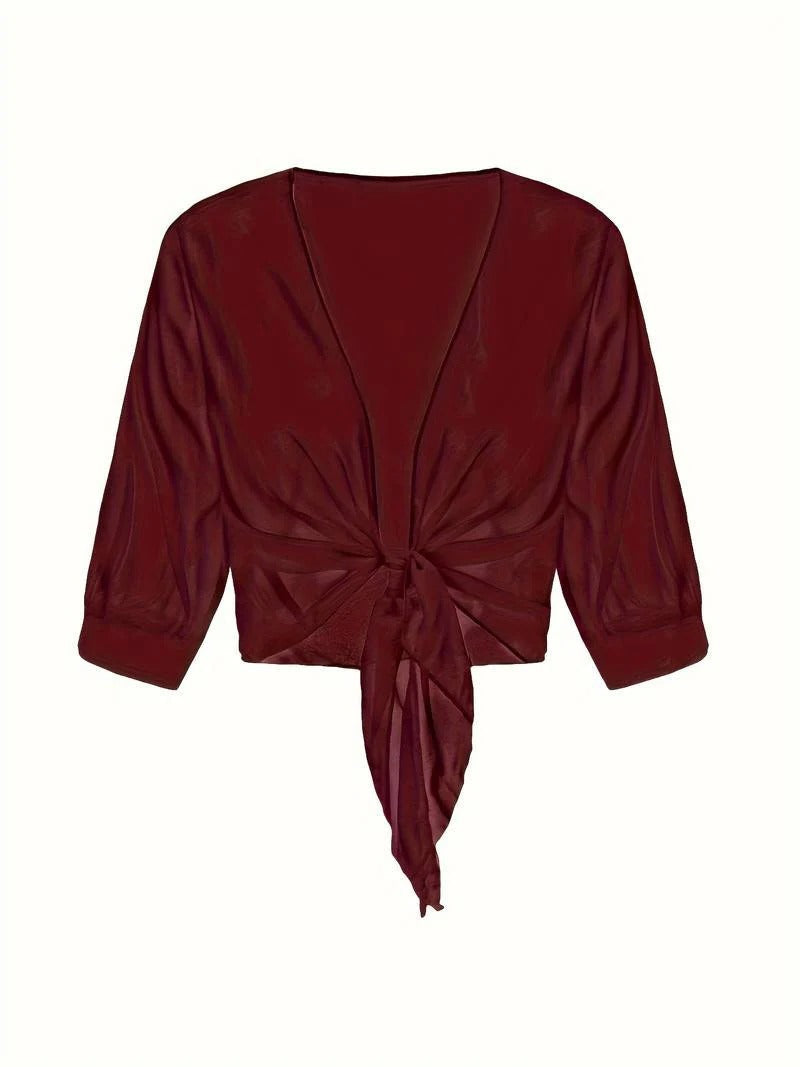 Women's Sheer Chiffon Tie Front Crop Cardigan Top