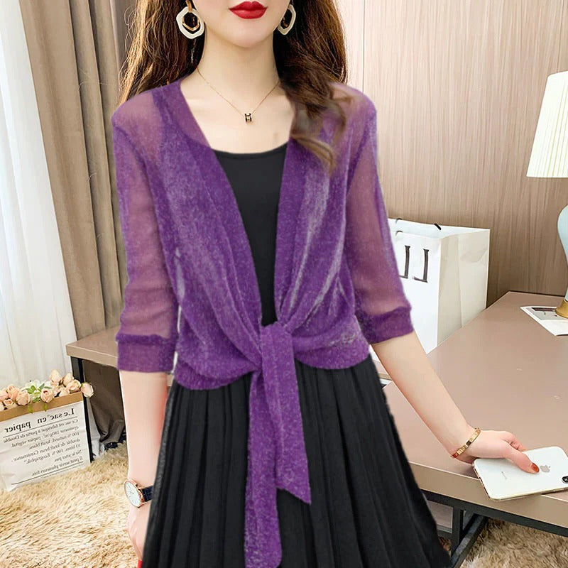 Women's Sheer Chiffon Tie Front Crop Cardigan Top