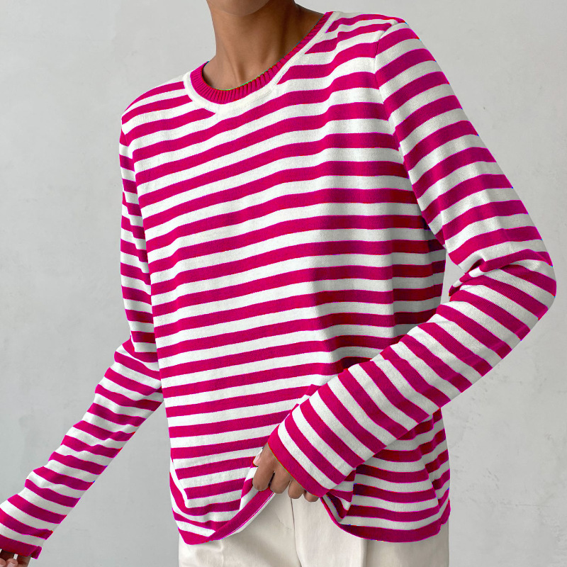 Women's Striped Knit Sweater Long Sleeve Crew Neck Pullover