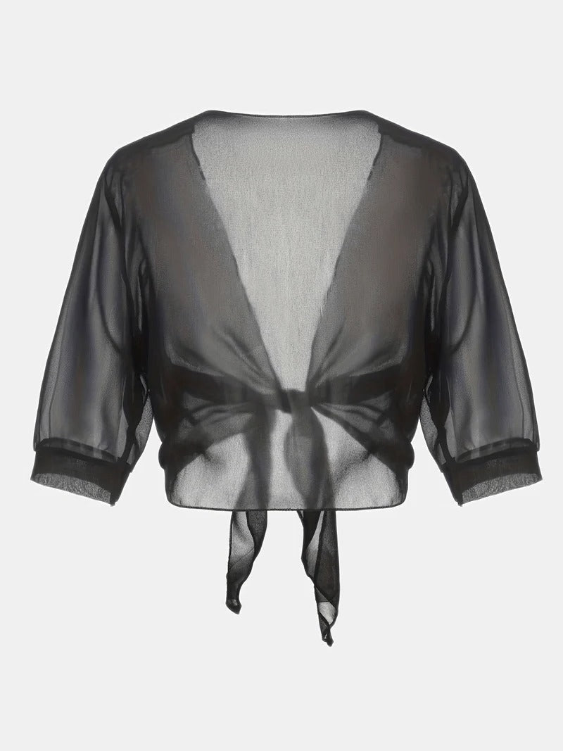 Women's Sheer Chiffon Tie Front Crop Cardigan Top