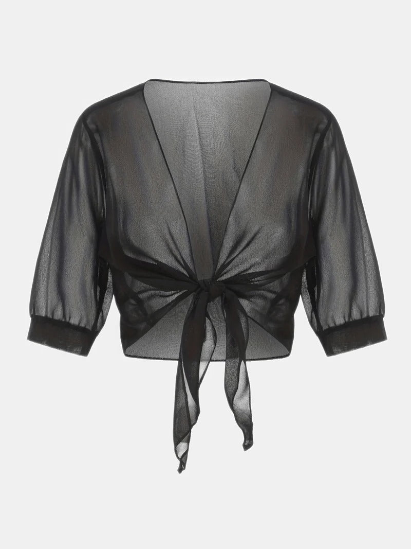 Women's Sheer Chiffon Tie Front Crop Cardigan Top