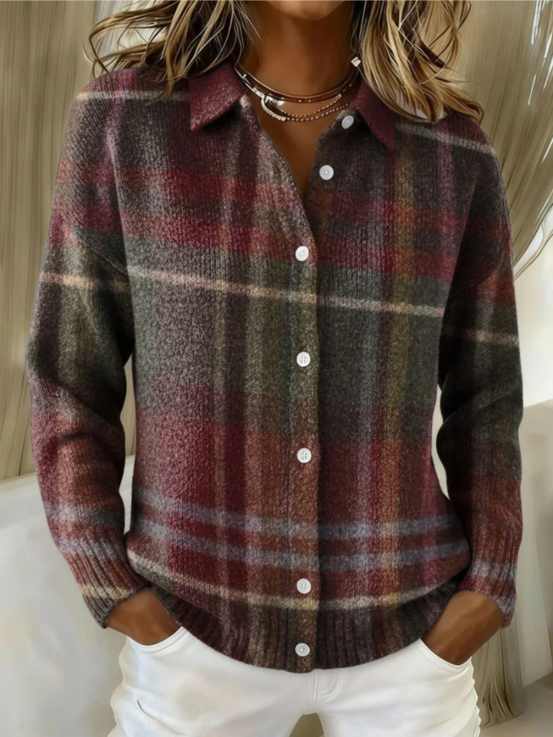 Women's Plaid Check Long Sleeve Collared Shirt - Burgunudy