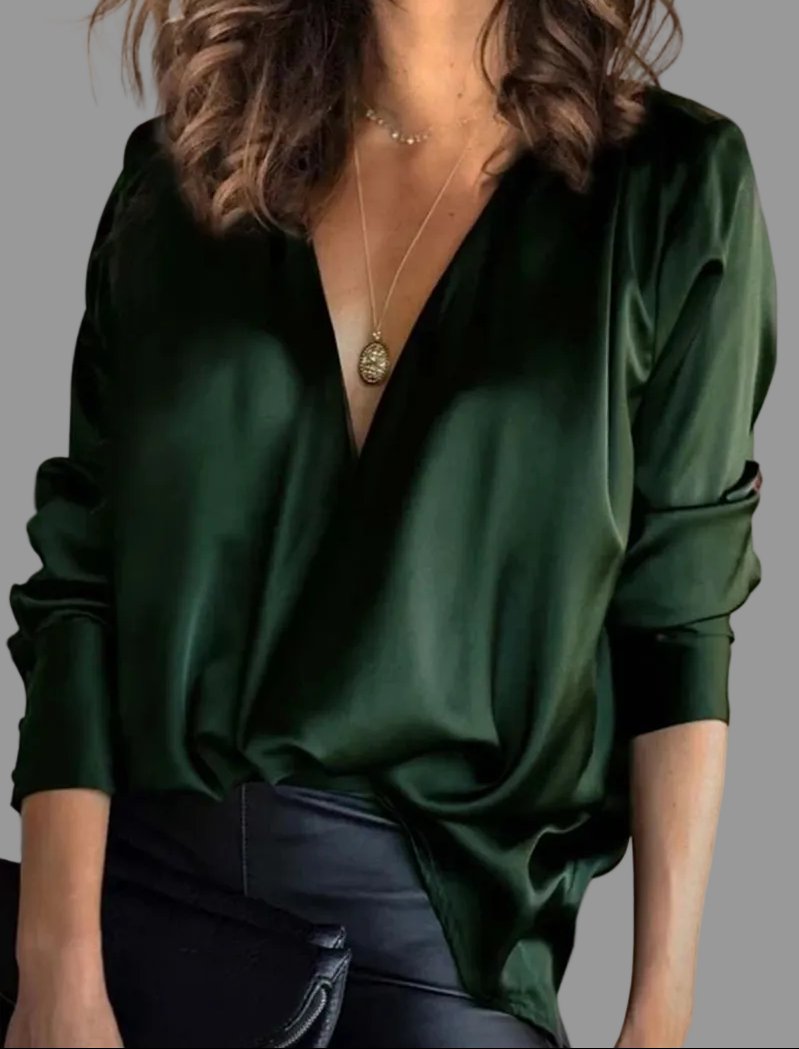 Women's Deep V-Neck Long Sleeve Blouse - Green