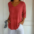 Women's Relaxed V-Neck Knit Top with 3/4 Sleeves - Red
