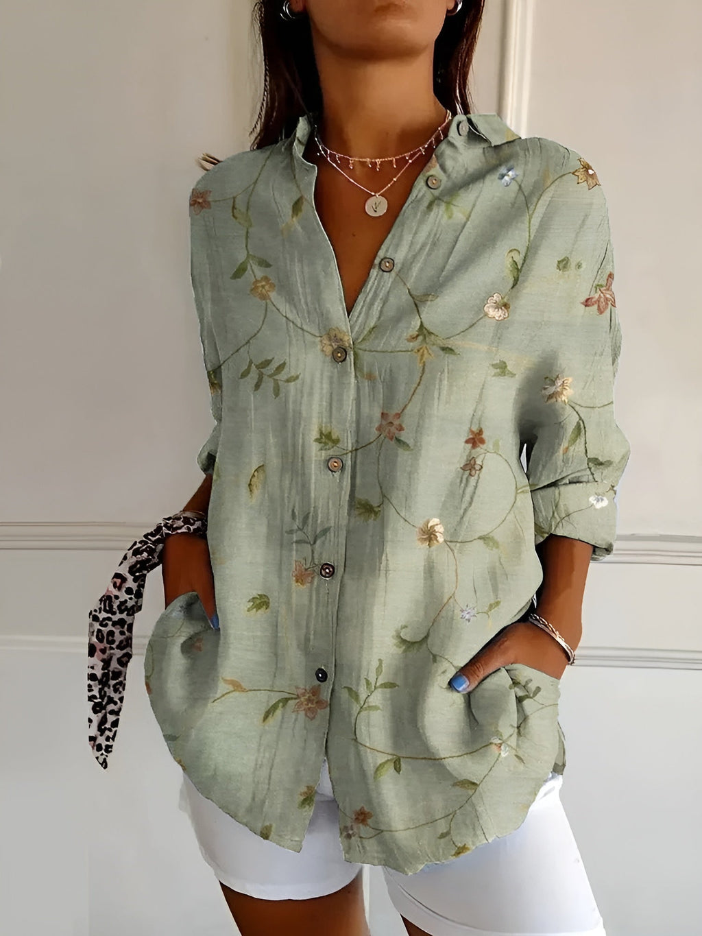 Women's Floral Print Relaxed Button-Up Shirt - Green