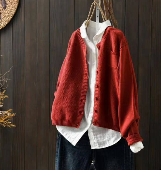 Women's Button Up Long Sleeve Cardigan - Red