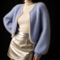Women's Open Front Pearl Trim Cardigan - Blue