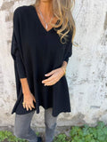 Women's Oversized V-Neck Long Sleeve Top - Black