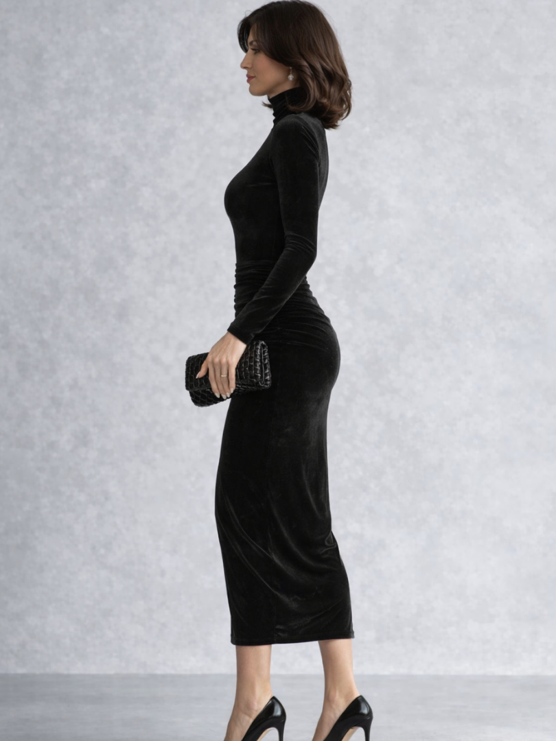Margaux | Black Ruched Velvet Christmas Midi Dress