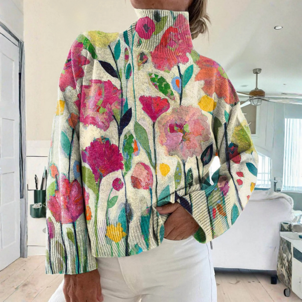 Women's Floral Turtleneck Sweater - Multicolour