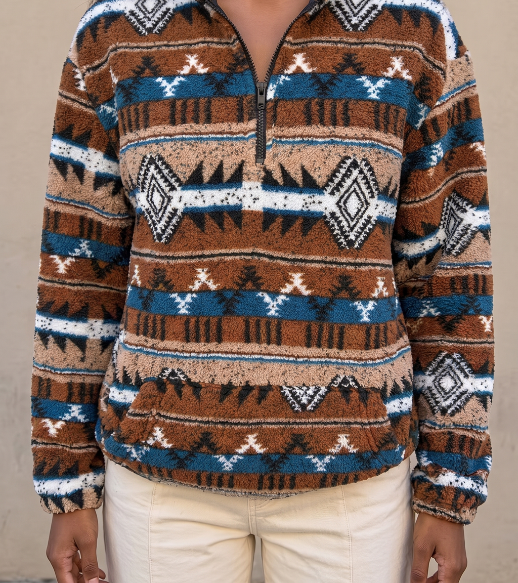 Striped Aztec Half-Zip Sherpa - Cocoa Stripe