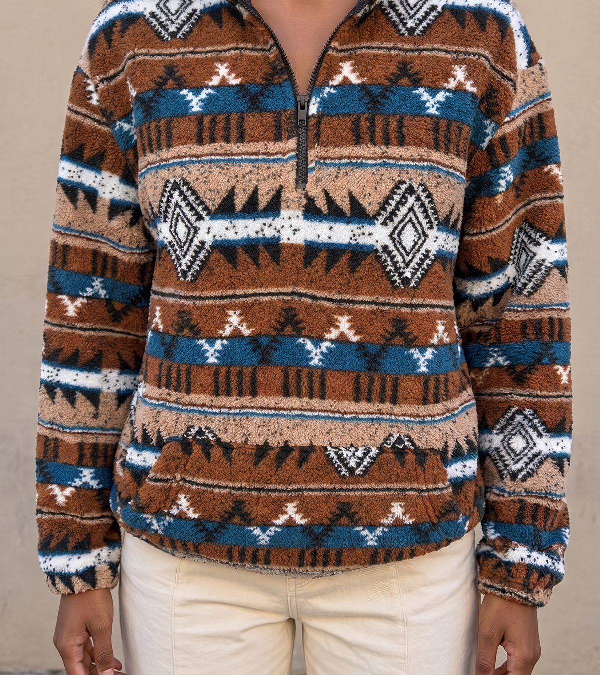 Striped Aztec Half-Zip Sherpa - Cocoa Stripe