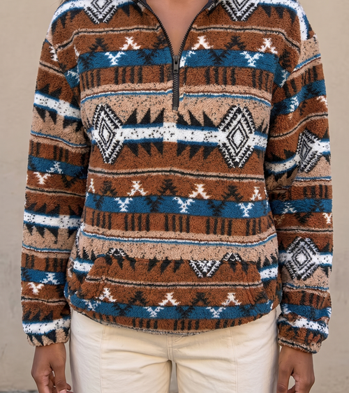 Striped Aztec Half-Zip Sherpa - Cocoa Stripe