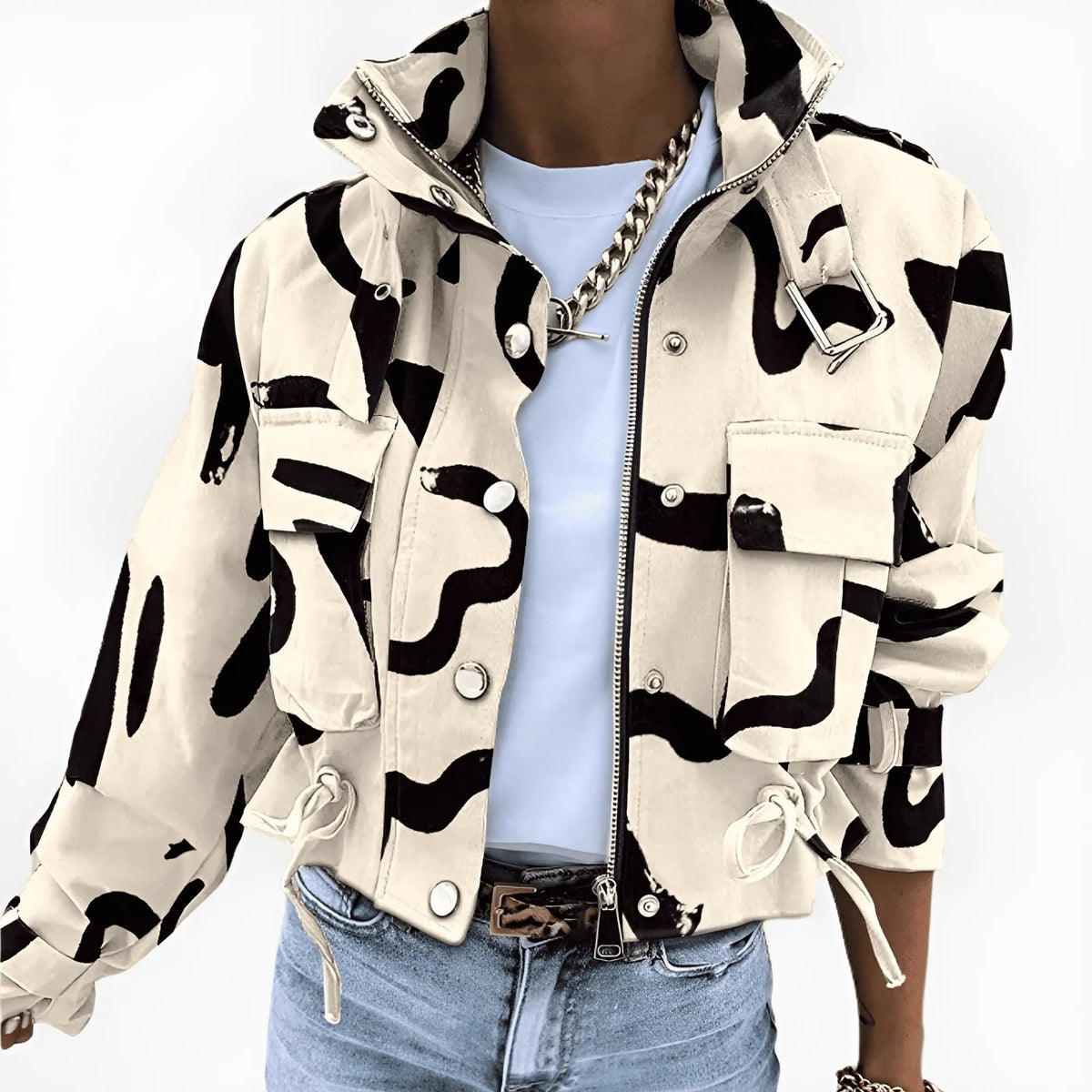 Women's Abstract Print Cropped Jacket - Beige