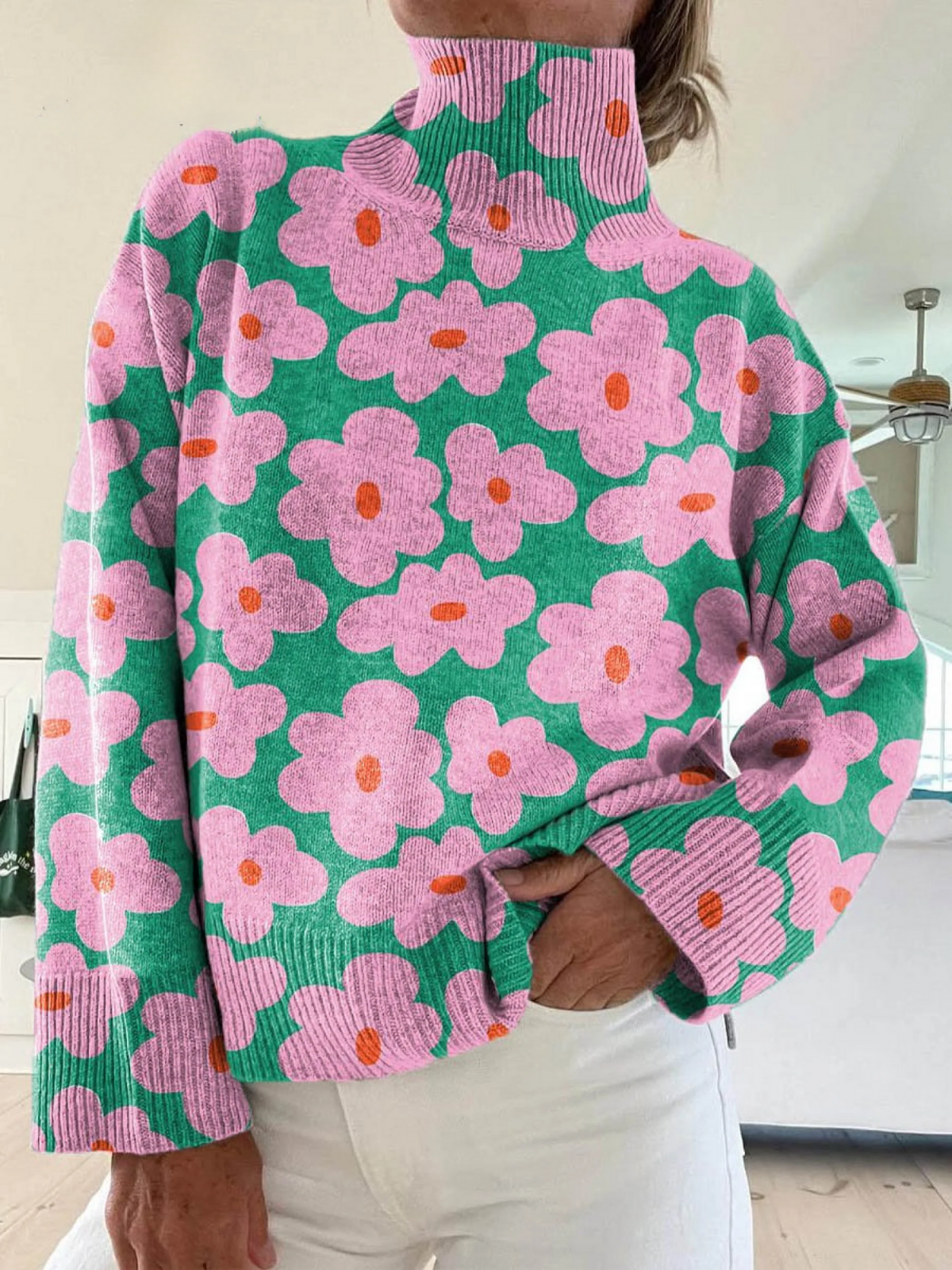 Women's Floral Mock Neck Long Sleeve Sweater - Pink
