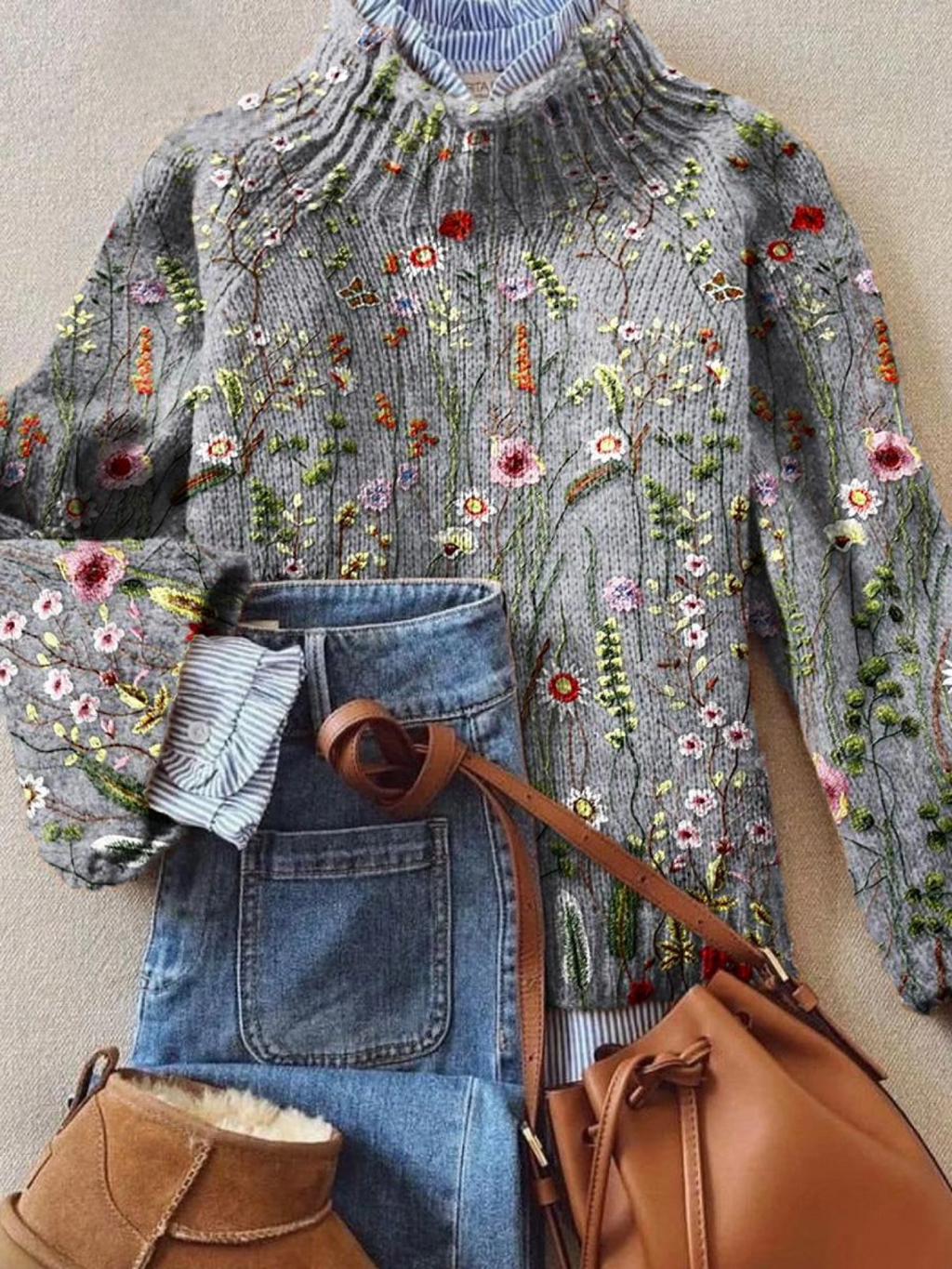 Women's Floral Embroidered Mock Turtleneck Sweater - Grey