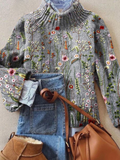 Women's Floral Embroidered Mock Turtleneck Sweater - Grey